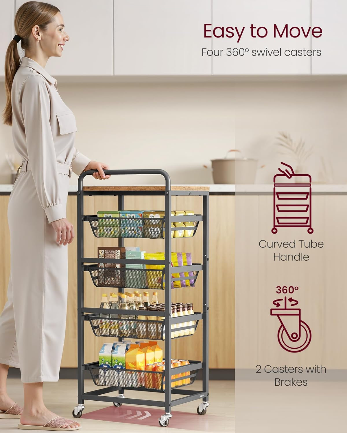 Storage Cart with Pull-Out Baskets, 5-Tier Kitchen Cart with Wheels, Handle, 12.5 X 15.8 X 37.4 Inches, Rustic Brown and Ink Black ULRC041K01