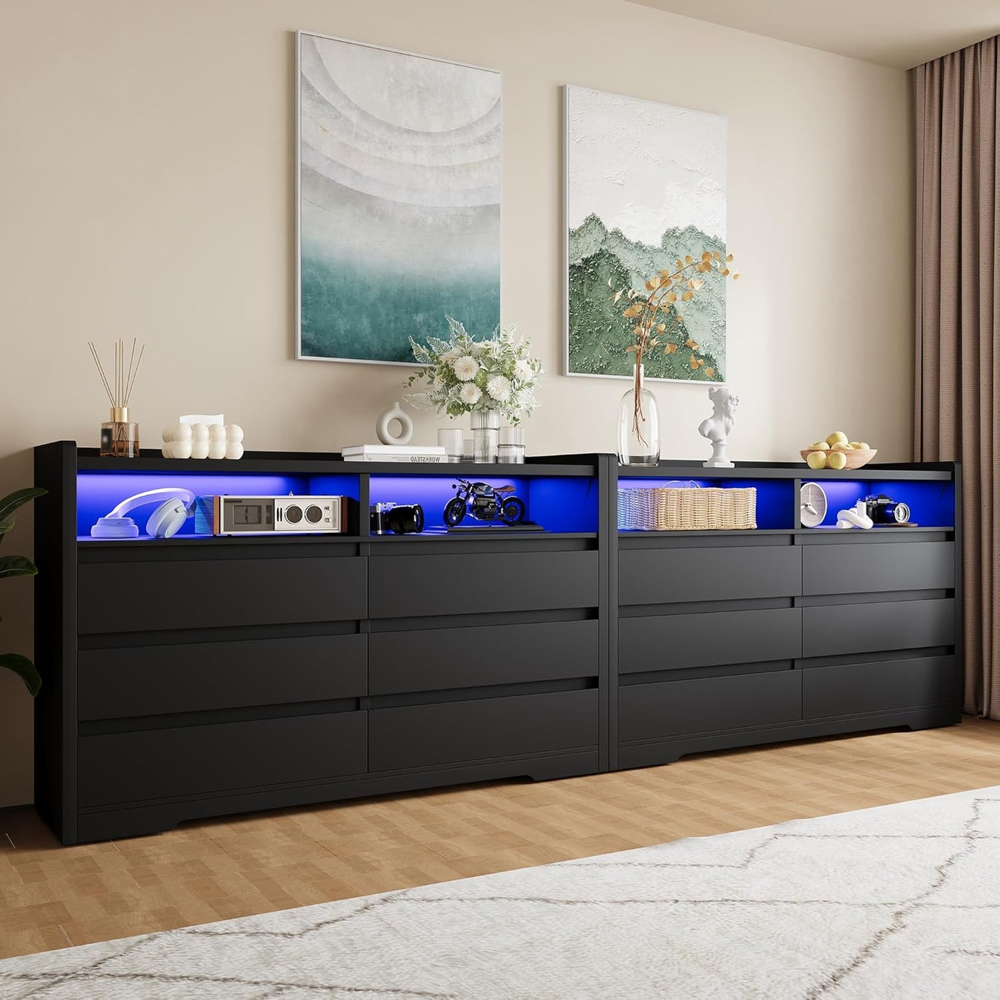 6 Drawer Dresser with Wall Hook, LED Lights & Power Outlet, Simply Chest of Drawers & Open Storage Shelves, Modern TV Stand Console Table Cabinet for Bedroom, Black