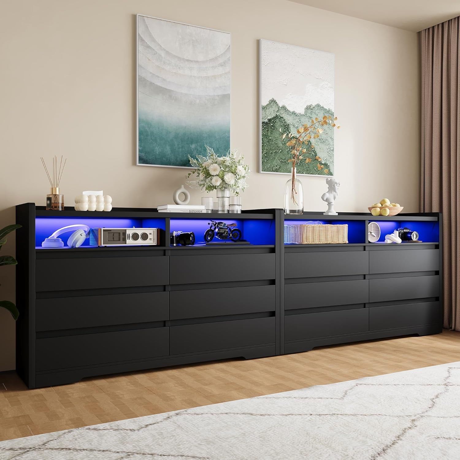 6 Drawer Dresser with Wall Hook, LED Lights & Power Outlet, Simply Chest of Drawers & Open Storage Shelves, Modern TV Stand Console Table Cabinet for Bedroom, Black