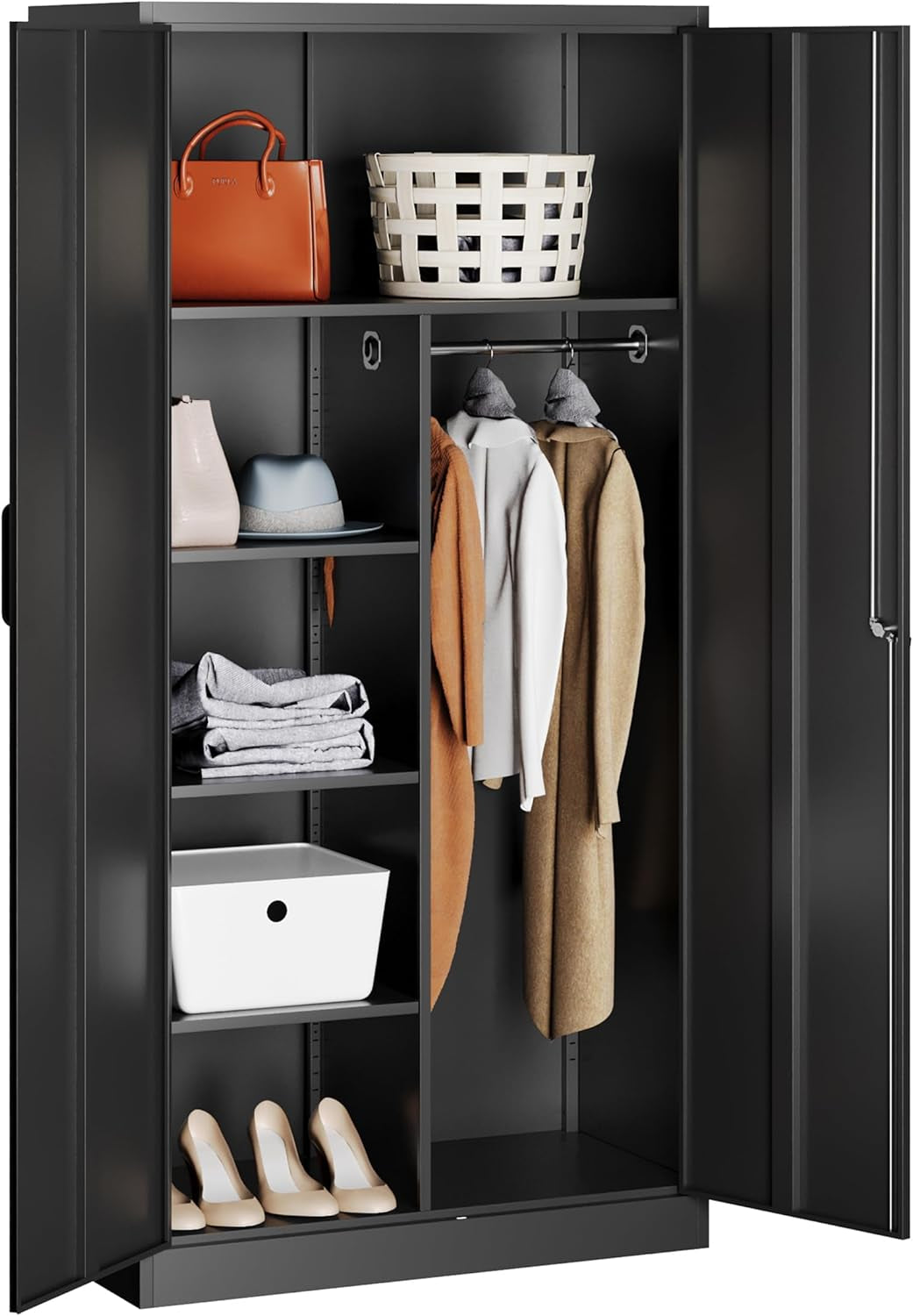 Metal Wardrobe Cabinet with Lock,72" Armoire Closet with Hanging Rod,Lockable Storage Locker,Black Storage Cabinet with Locking Doors,Garage Closet,Steel Wardrobe for Home,Bedroom,Office,Employee,Shop