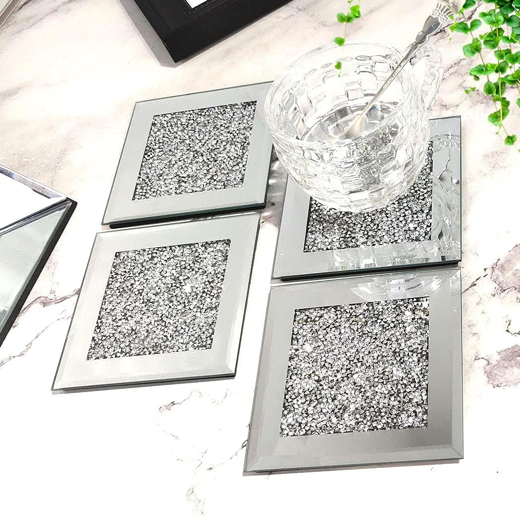 Glass Mirrored Coaster 4 PC, Crushed Diamond Square Cup Mat 4" Decor on Tabletop for Bar Tools Dining Table