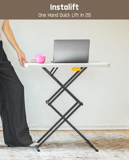 28 Inch Small Folding Table, One-Hand Height Adjustment, 3 Heights, Lowering Lever, Instalift, Portable Side Table for Tv Tray, Dining, Kitchen, No Assembly, Granite White Zeta X1 Apex