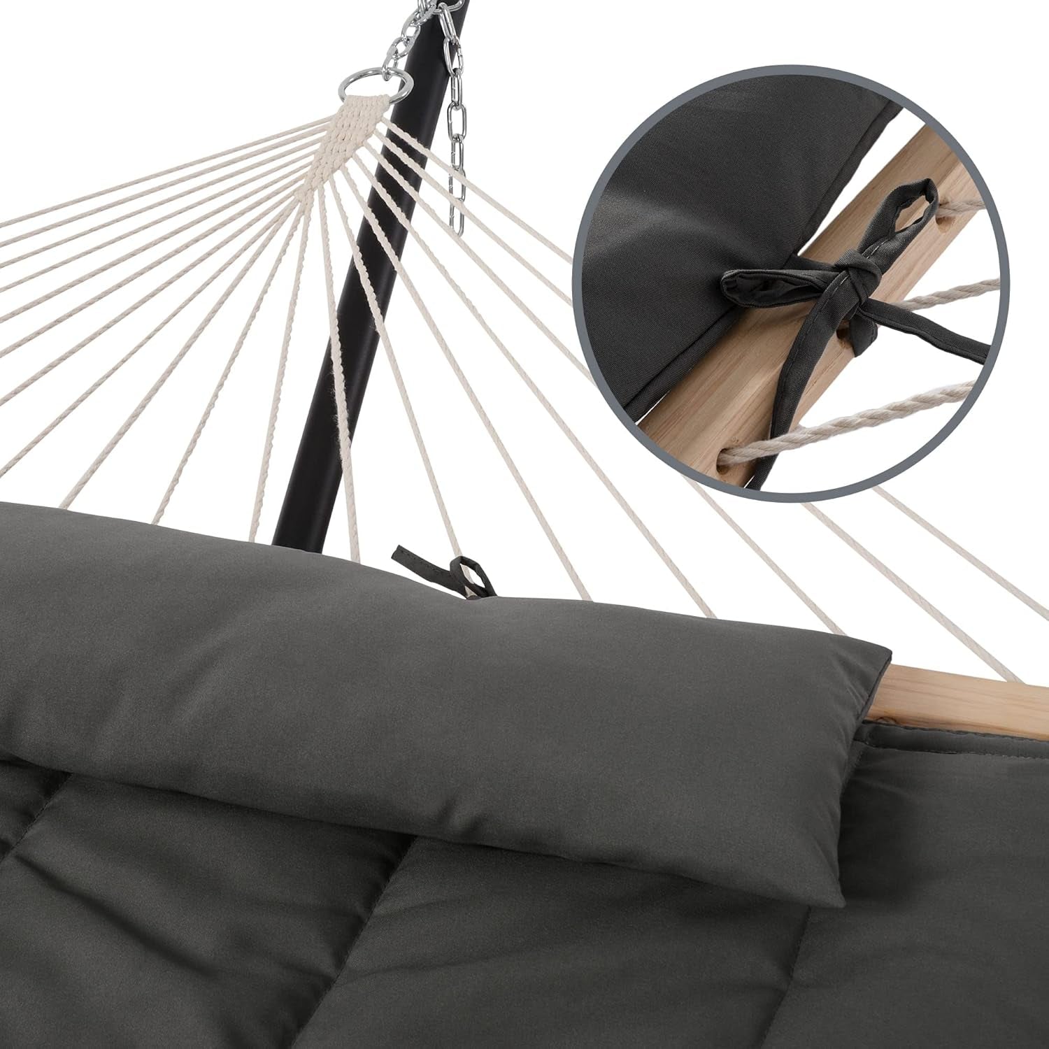 Double Outdoor Hammock with Stand, Carrying Bag, Two Person Cotton Rope Hammock with Polyester Pad, Dark Gray