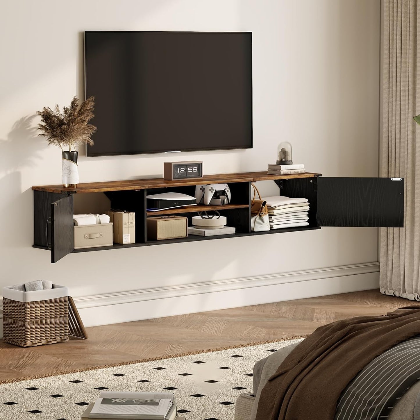 Floating TV Stand with Doors, 63'' Farmhouse Floating TV Shelf for Tvs up to 80 Inch, 2 Tier Wall Mounted TV Stand, Floating Entertainment Center, TV Floating Cabinet for Living Room, Bedroom, Black