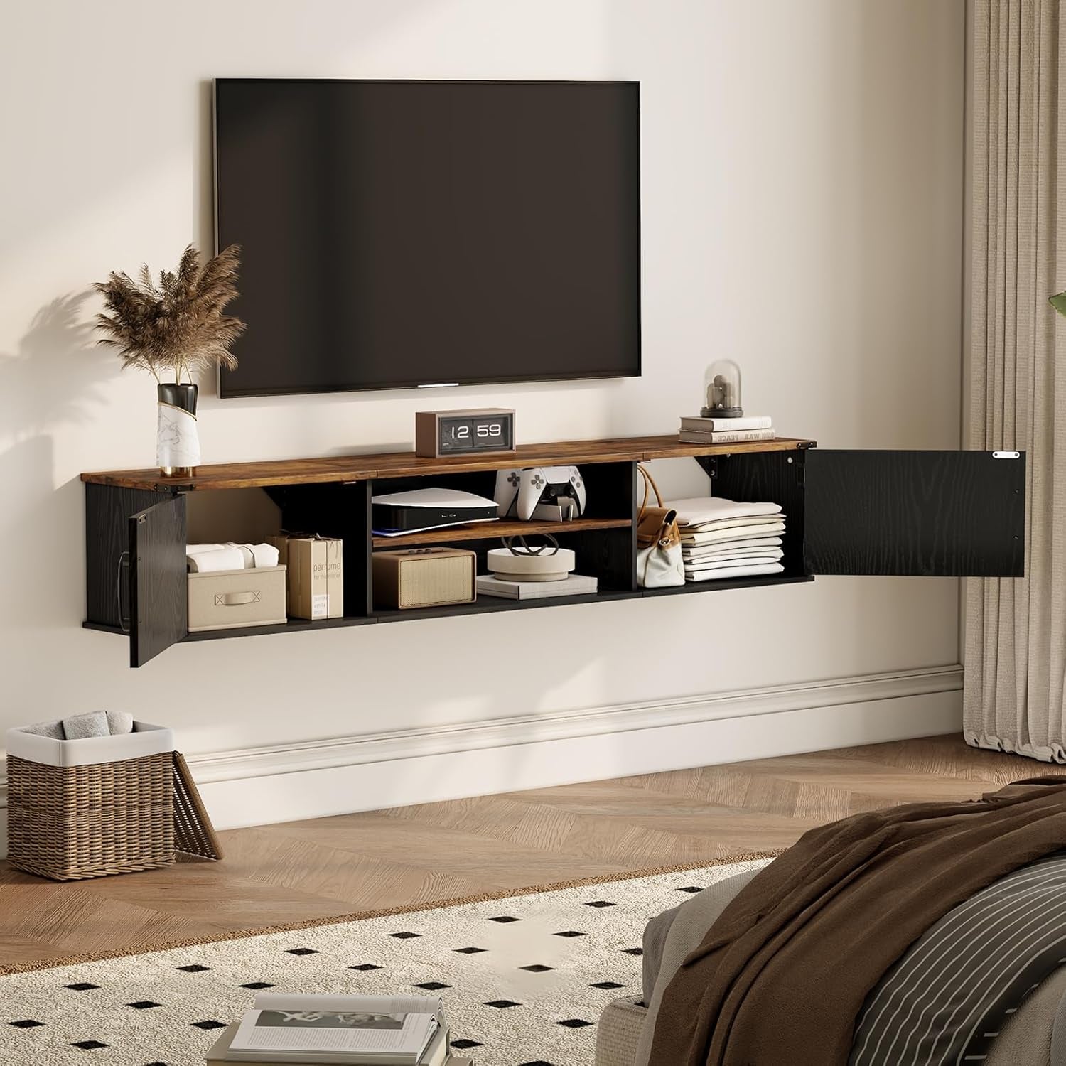 Floating TV Stand with Doors, 63'' Farmhouse Floating TV Shelf for Tvs up to 80 Inch, 2 Tier Wall Mounted TV Stand, Floating Entertainment Center, TV Floating Cabinet for Living Room, Bedroom, Black