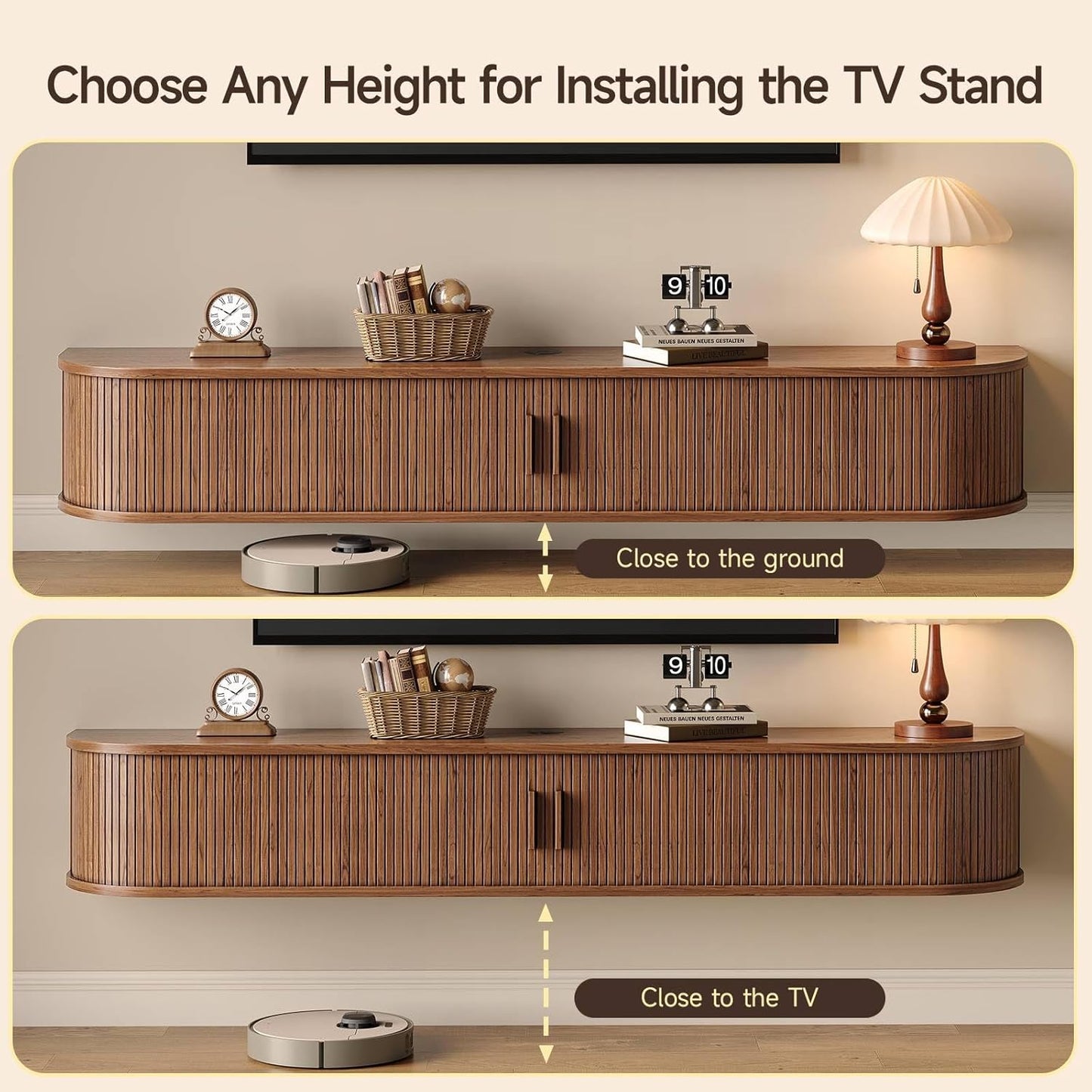 63" Floating TV Stand with Power Outlet for Tvs up to 75", Fluted Entertainment Center with Remote Control for LED Lights, Mid-Century Modern TV Console W/Sliding Door for Living Room, Bedroom Walnut