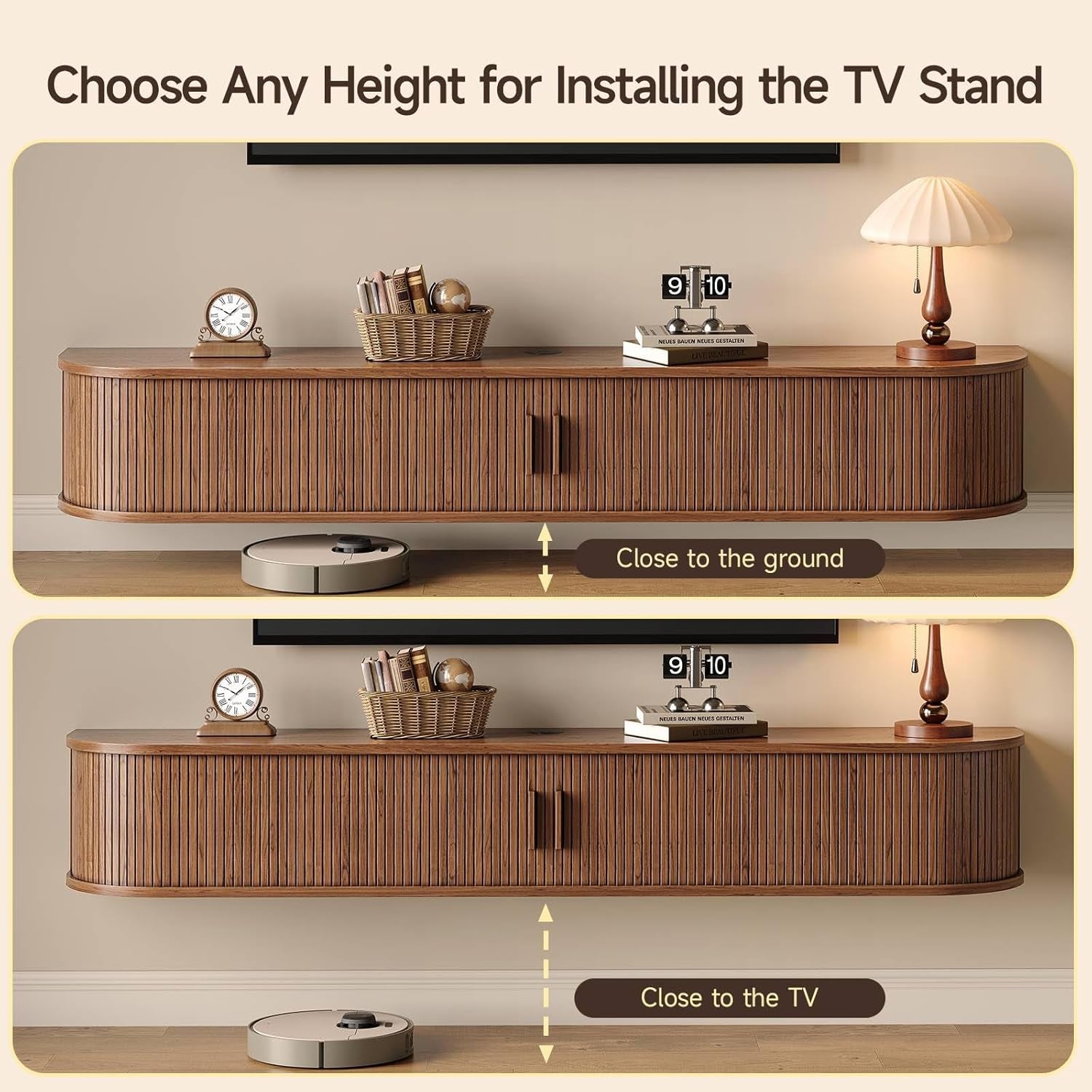 63" Floating TV Stand with Power Outlet for Tvs up to 75", Fluted Entertainment Center with Remote Control for LED Lights, Mid-Century Modern TV Console W/Sliding Door for Living Room, Bedroom Walnut