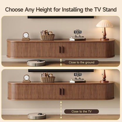 63" Floating TV Stand with Power Outlet for Tvs up to 75", Fluted Entertainment Center with Remote Control for LED Lights, Mid-Century Modern TV Console W/Sliding Door for Living Room, Bedroom Walnut