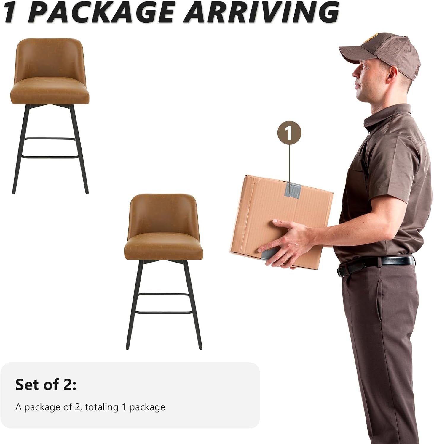 360°Swivel Counter Height Bar Stools Set of 2,Upholstered Morden Kitchen Barstools with High Backs,26" H Seat Height,Faux Leather (Faux Leather-Saddle Brown , 2 Pieces - 26" Counter Height)