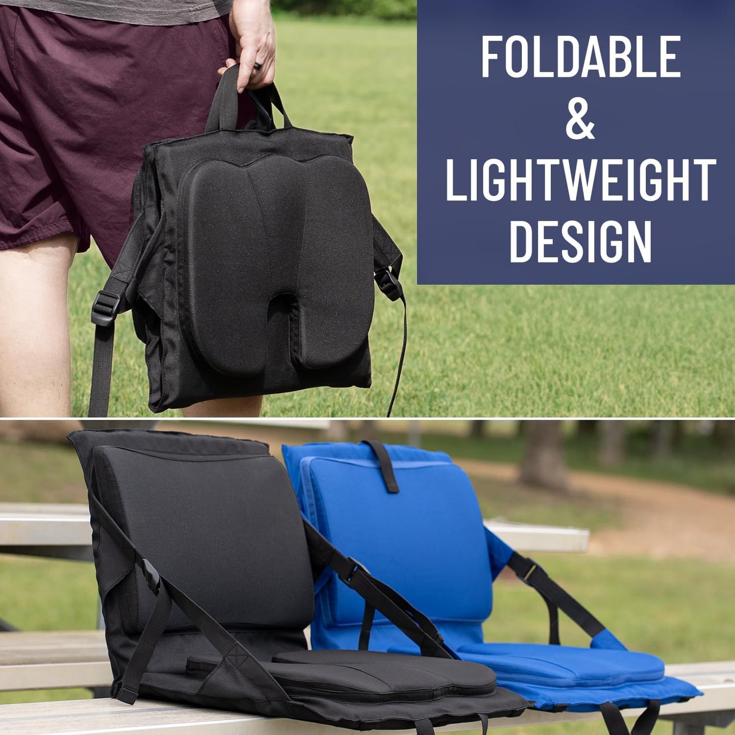 Stadium Seats with Back Support - Adjustable Memory Foam Bleacher Chairs with Back and Cushion, Portable, Easy Folding Stadium Seat Cushion with Storage Pocket
