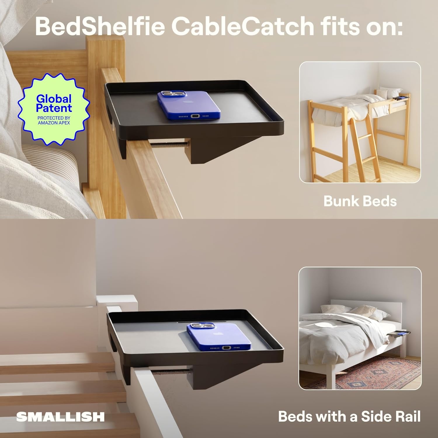 Bedside Shelf for Dorm Room Bunk Bed & Top Bunk, College Dorm Room Essentials, Bedside Caddy, Clip on Floating Desk Tray, Bed Side Table Storage, Loft Nightstand Decor - Cable Catch, Black