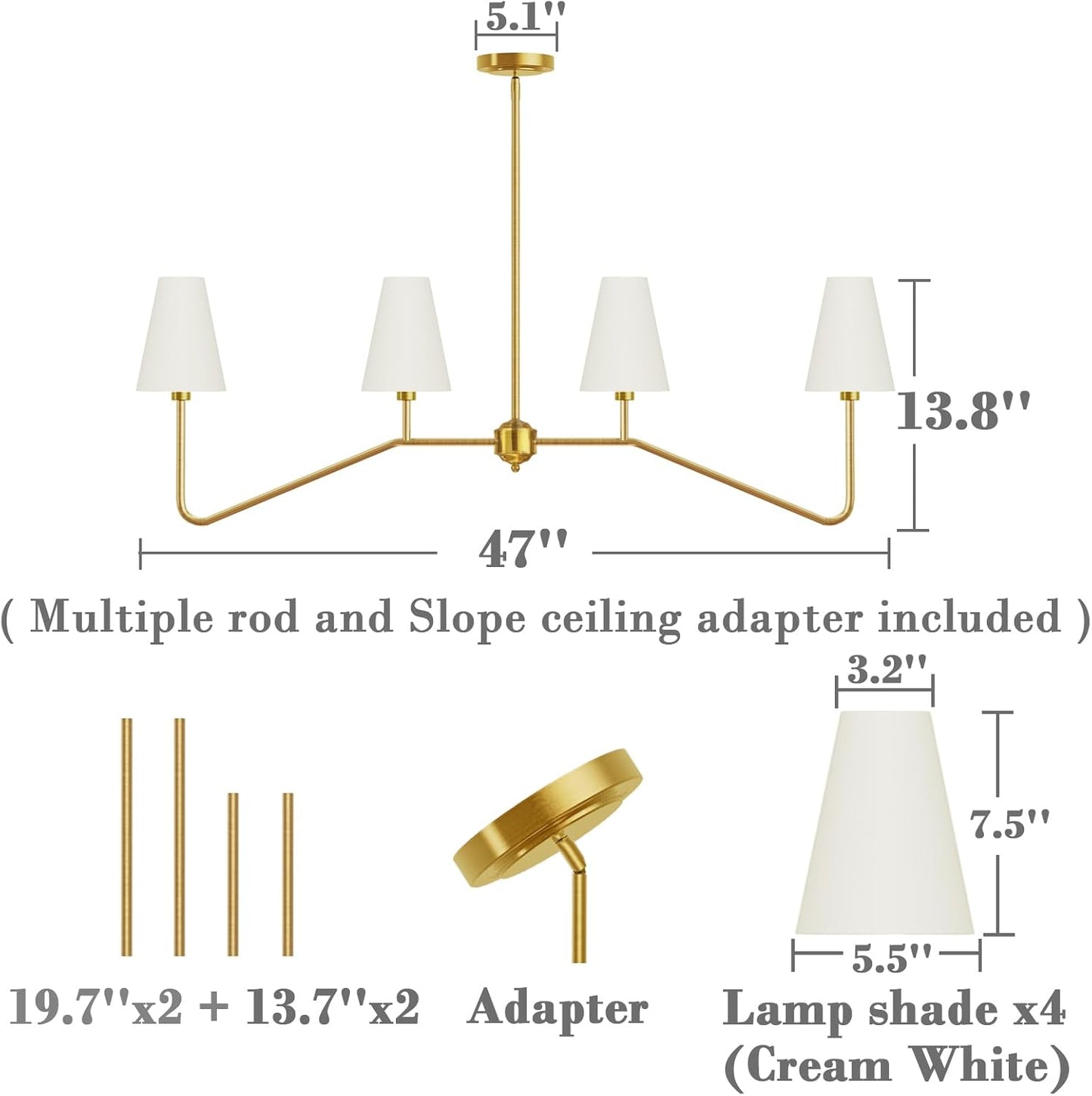 ;47" W 4-Light Linear Kitchen Island Lighting Fixture Classic Chandeliers Polished Gold with White Linen Shades for Dining Table,E12,160W
