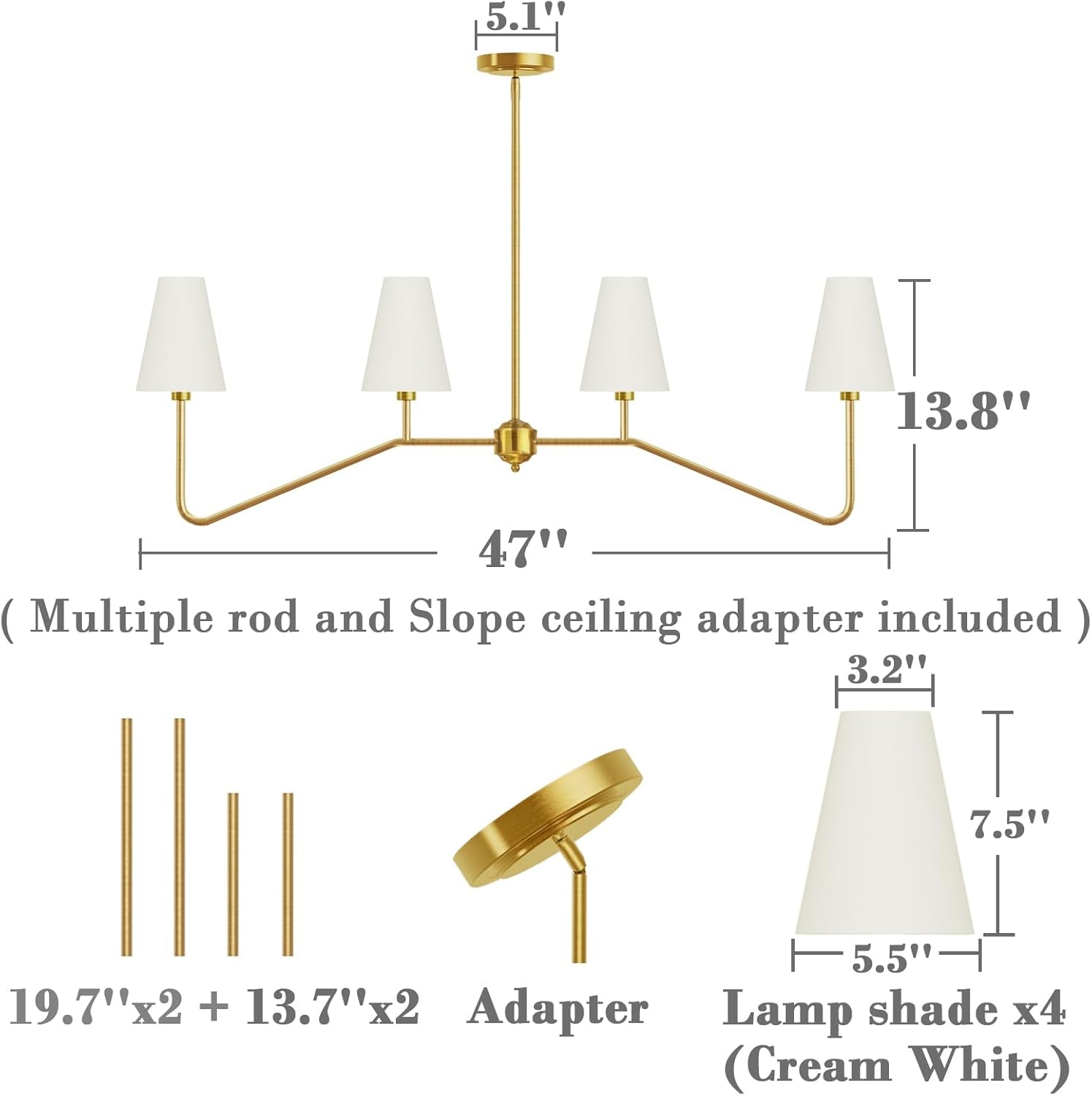 ;47" W 4-Light Linear Kitchen Island Lighting Fixture Classic Chandeliers Polished Gold with White Linen Shades for Dining Table,E12,160W