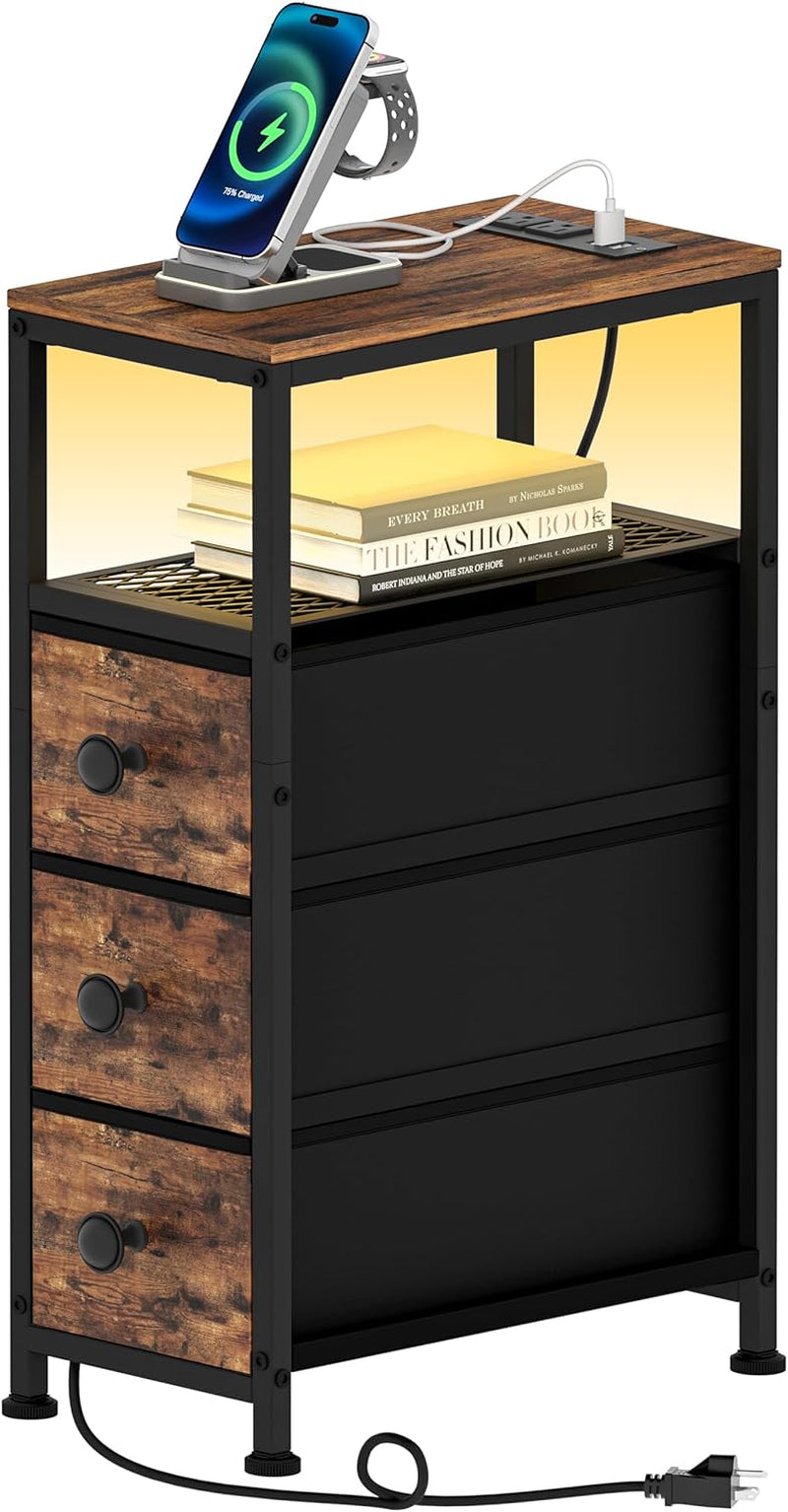 Narrow End Table with Charging Station, 7.9" Wide Couch Side Table with LED Light, Skinny Nightstand with 3 Fabric Storage Drawers, Slim Bedside Table for Bedroom, Small Spaces, Rustic Brown