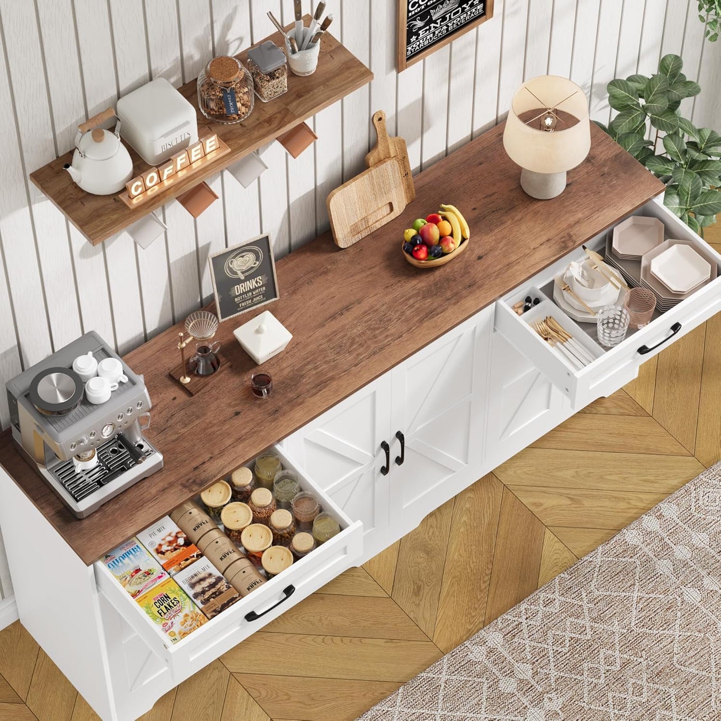 71” Large Sideboard Buffet Cabinet with Storage, Farmhouse Kitchen Buffet Cabinet with Adjustable Shelves and 6 Barn Doors, Wood Coffee Wine Bar Console Table for Kitchen, Dining Room, White