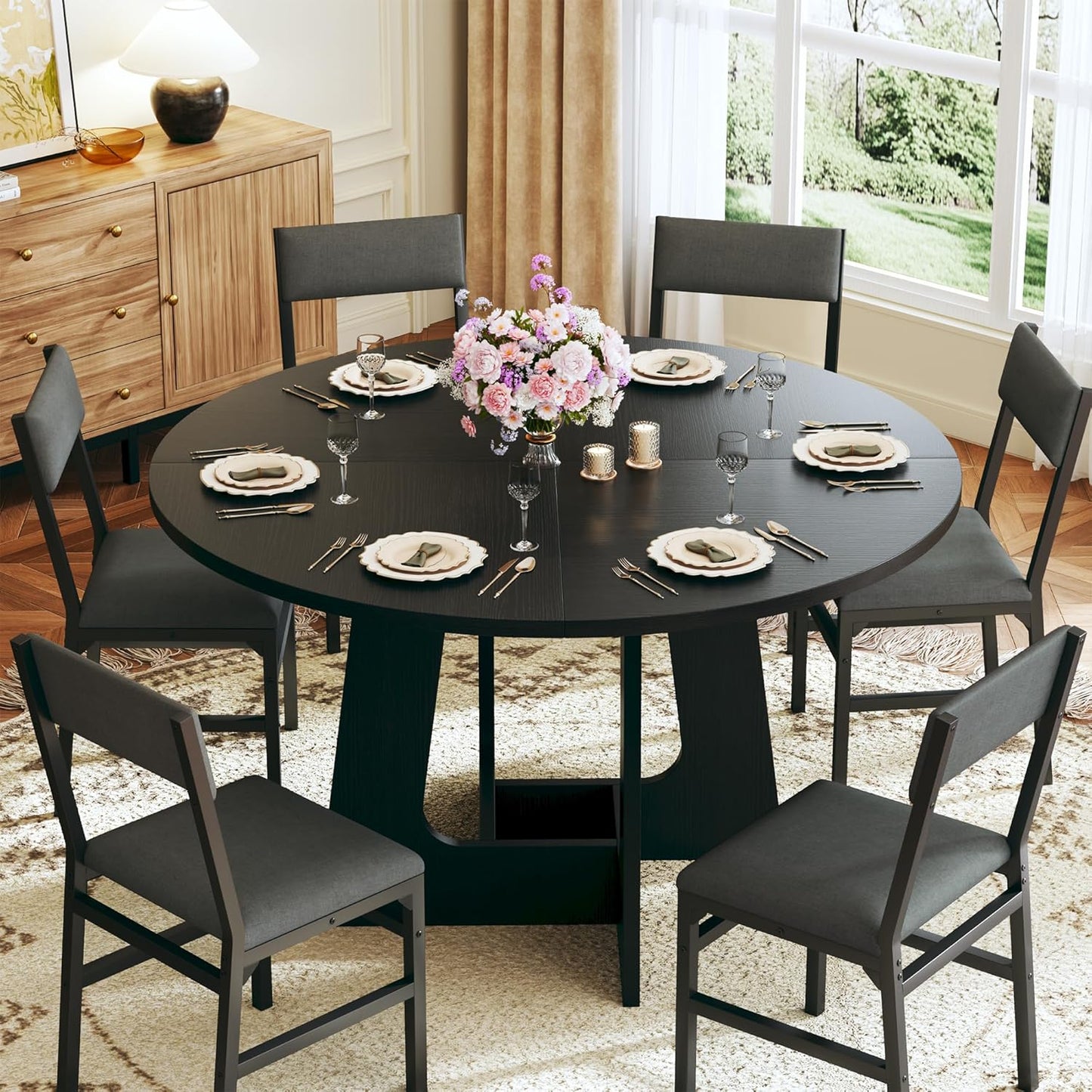 round Dining Table Set for 6, 7-Piece Kitchen Table and Chairs for 6, 47'' round Dining Room Table Set with 6 Chairs, Space Saving Dining Table with Wood Base for Kitchen, Living Room, Black
