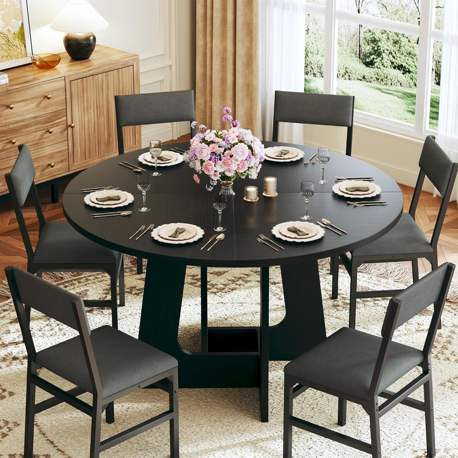 round Dining Table Set for 6, 7-Piece Kitchen Table and Chairs for 6, 47'' round Dining Room Table Set with 6 Chairs, Space Saving Dining Table with Wood Base for Kitchen, Living Room, Black