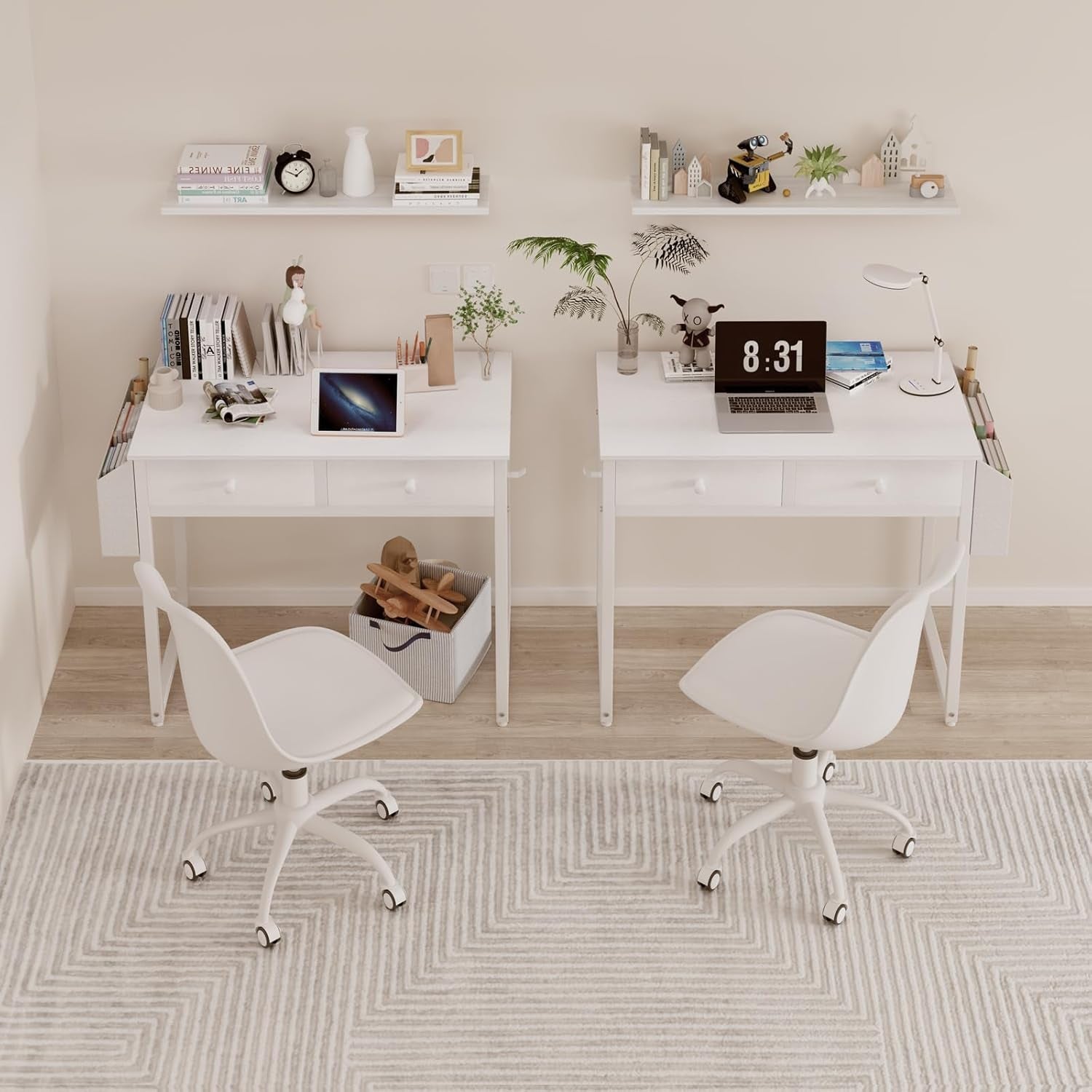 Small White Kids Desk with Drawers for Bedroom, 32 Inch Home Office Desks with Fabric Storage Drawer and Bag, Study Writing Vanity Table for Small Spaces, White