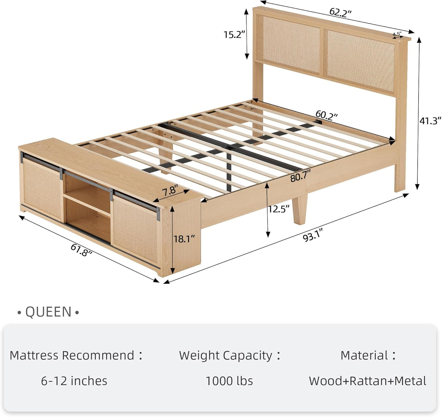 Natural Rattan Queen Size Bed Frame with Sliding Barn Door Storage Cabinets and LED Light Headboard, Boho Farmhouse Wood Platform Bed with Solid Wood Legs Support, No Box Spring Needed