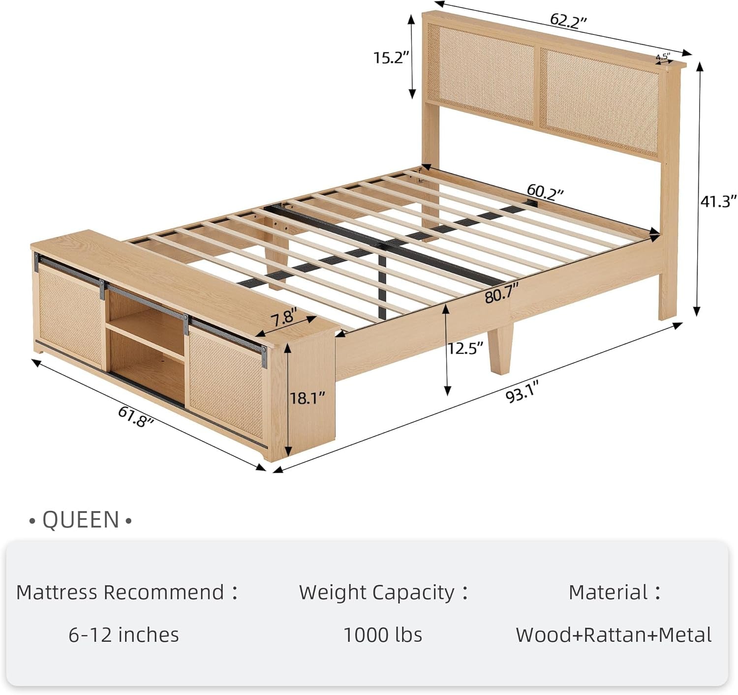 Natural Rattan Queen Size Bed Frame with Sliding Barn Door Storage Cabinets and LED Light Headboard, Boho Farmhouse Wood Platform Bed with Solid Wood Legs Support, No Box Spring Needed