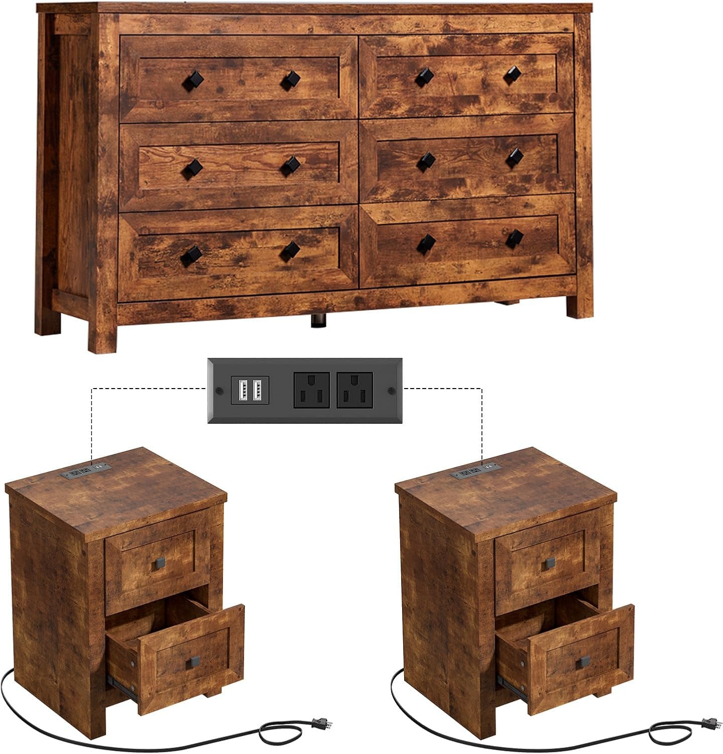 Bedroom Dresser and Nightstand 3 Piece Set, 1 X Wood Rustic 6 Drawer Storage Dresser, Nightstand Set of 2 with Charging Station, Farmhouse Bedroom Furniture Set, Rustic Brown