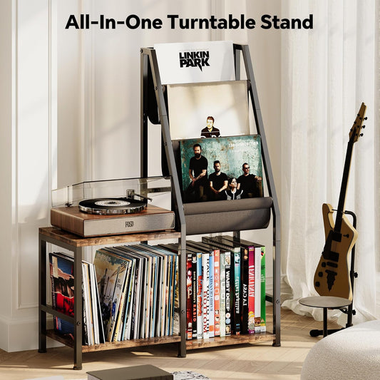 Record Player Stand, Vinyl Holders, 3-In-1 Record Cabinet & Turntable Stand, Fits 200 Albums, Vintage Media Storage Organizer, Rustic Brown