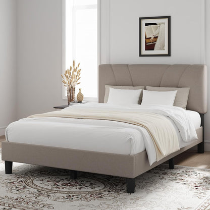 King Size Bed Frame with Adjustable Headboard Platform King Bed Frame Linen Fabric Upholstered Headboard, No Box Spring Needed, Noise-Free, Wooden Slats Support, Easy Assembly, Beige