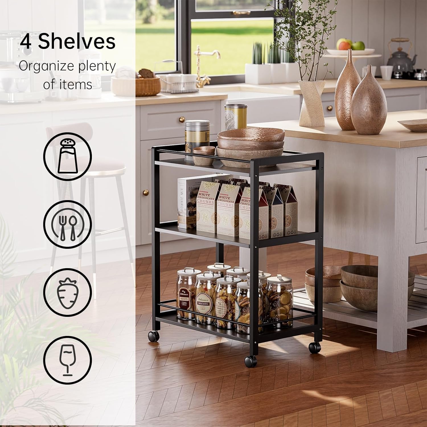 Bar Cart Black, Serving Cart for Home, 3 Tier Drinks Cart with Wheels, Rolling Beverage Cart for Kitchen Dining Living Room