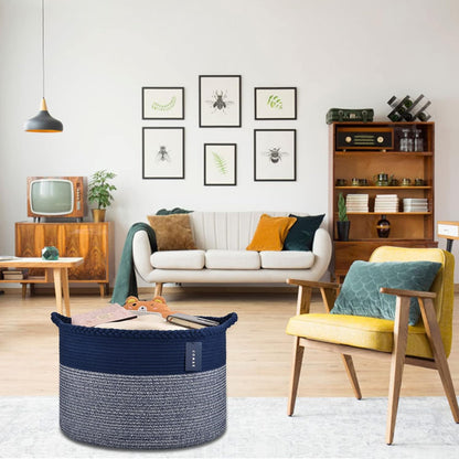 Extra Large Blanket Basket, Woven Laundry Basket, 21.7”X 13.8”, Nursery Hamper, Cotton Rope Laundry Hamper Living Room for Storage Toys Clothes Towels (Navy Blue)