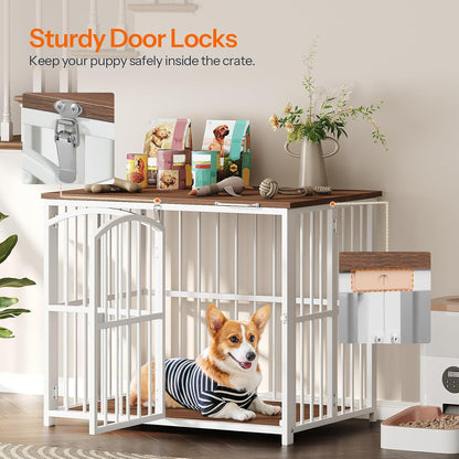 Foldable Dog Crate Furniture, 31.5" Indoor Dog Kennel No Assembly, Wooden Dog Cage Decorative Side End Table, for Medium Small Dogs, White and Walnut WH86GW03
