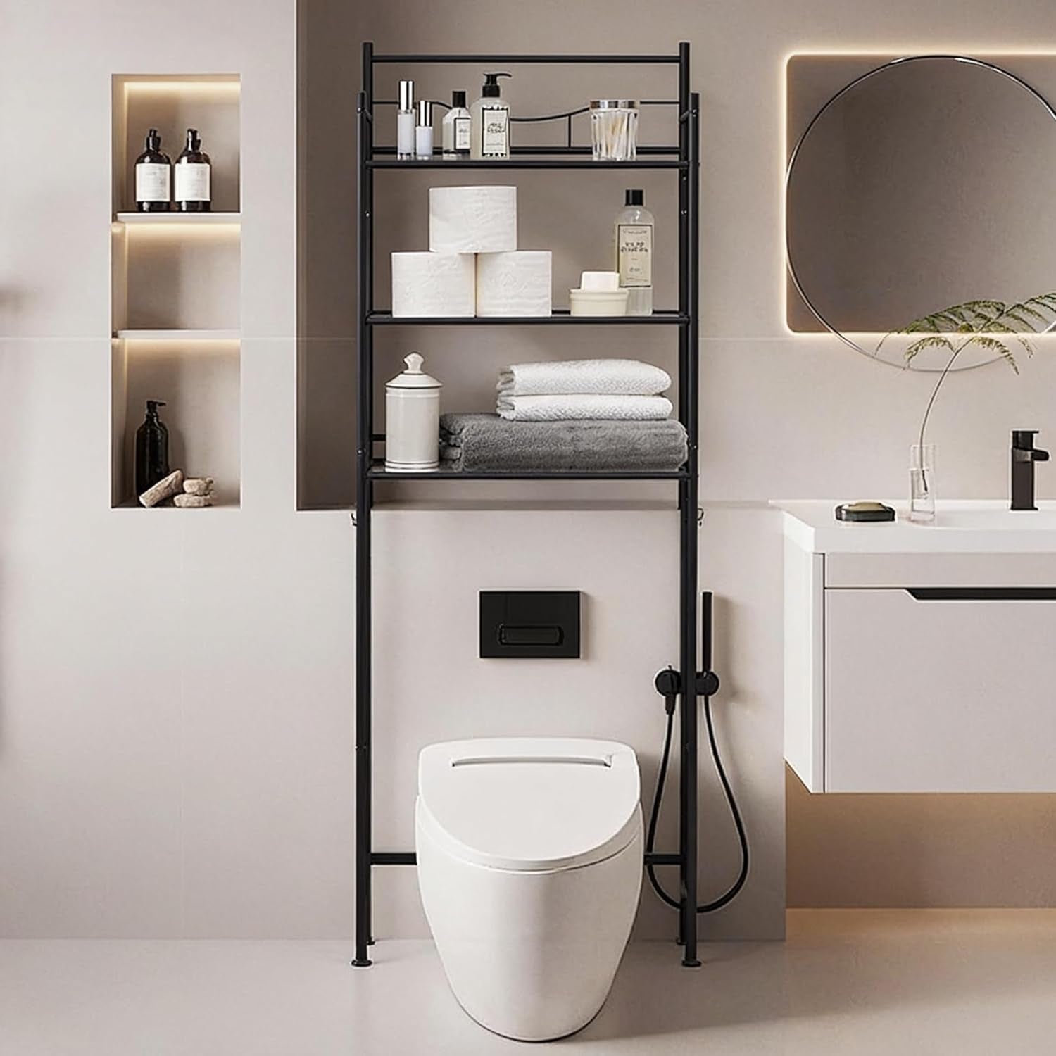 Over Toilet Bathroom Organizer, 59.75" H 3-Shelf Steel Storage Unit Wall Mount, Black — Better Stability Bathroom Shelves for Towels, Paper & Utility Room, 30 Lbs Capacity