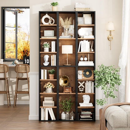 2 Pcs 71'' Tall Narrow Bookshelf, 8-Tier Media Tower Rack Set of 2, CD DVD Storage Cabinet with Adjustable Shelves, Tall Narrow Bookcase Skinny Display Bookshelf Slim Shelf, Black/Brown