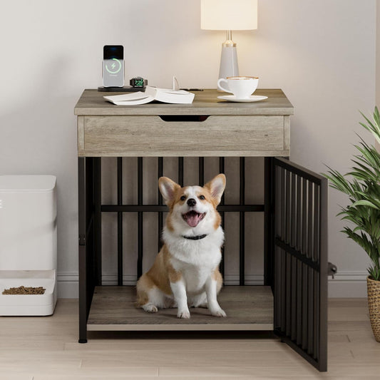 Dog Crate Furniture for Small Dogs, Wooden Dog Kennel with Flip Top Drawer, Indoor Pet Crate End Table with Charging Station, Steel-Tube Dog Cage, Gray