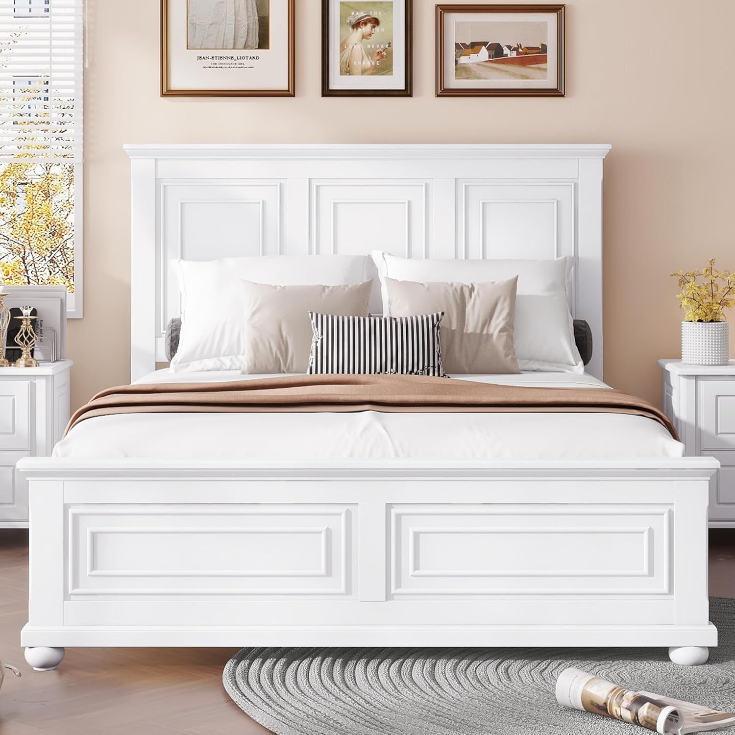 Farmhouse Queen Bed Frame with Tall Headboard and Footboard, Pinewood Panel Bed Frame Queen with under Bed Storage, Noise-Free, No Box Spring Needed, Traditional Style, White