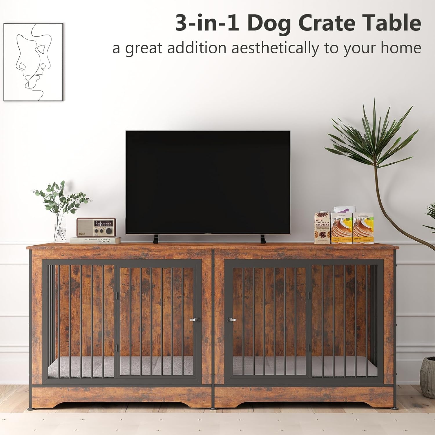 75" Dog Crate Furniture for 2 Dogs, Wooden Extra Large Double Dog Cage Furniture, Decorative Dog Kennels with Double Doors, Indoor Dog Crate TV Stand for Large Dogs, Brown