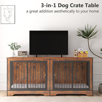 75" Dog Crate Furniture for 2 Dogs, Wooden Extra Large Double Dog Cage Furniture, Decorative Dog Kennels with Double Doors, Indoor Dog Crate TV Stand for Large Dogs, Brown