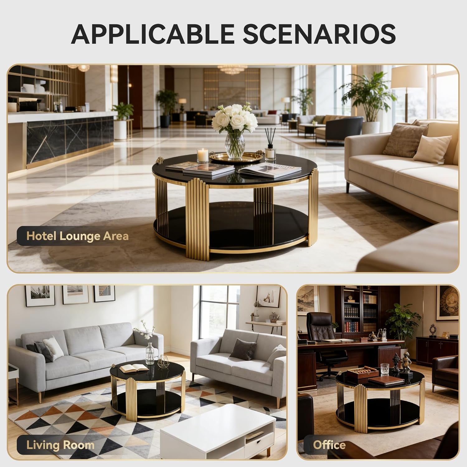 Round Living Room Table Set of 3 Include 1 Coffee Table and 2 End Tables, Black Tempered Glass Top, Sturdy Steel Frame, Gold Finish & Lower Shelf, Black Gold Coffee End Table Set for Living Room