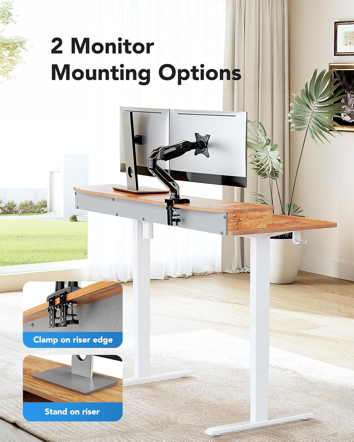 55″ X 26″ Electric Standing Desk with 2 Drawers, C-Clamp Mount Compatible, Height Adjustable Computer Desk, Home Office Stand up Desk with 4 Preset Heights & 2 Hooks, Vintage Brown