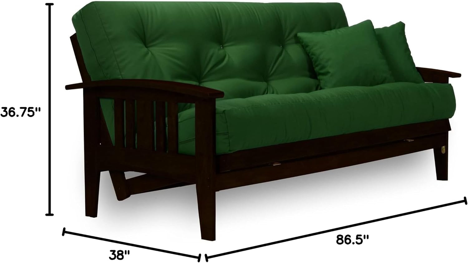 Westfield Complete Futon Set - Espresso Finish (Warm Black) – Large Queen Size, Mission Style Wood Futon Frame with Mattress Included (Twill Hunter Green), More Mattress Colors Available