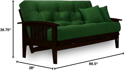 Westfield Complete Futon Set - Espresso Finish (Warm Black) – Large Queen Size, Mission Style Wood Futon Frame with Mattress Included (Twill Hunter Green), More Mattress Colors Available