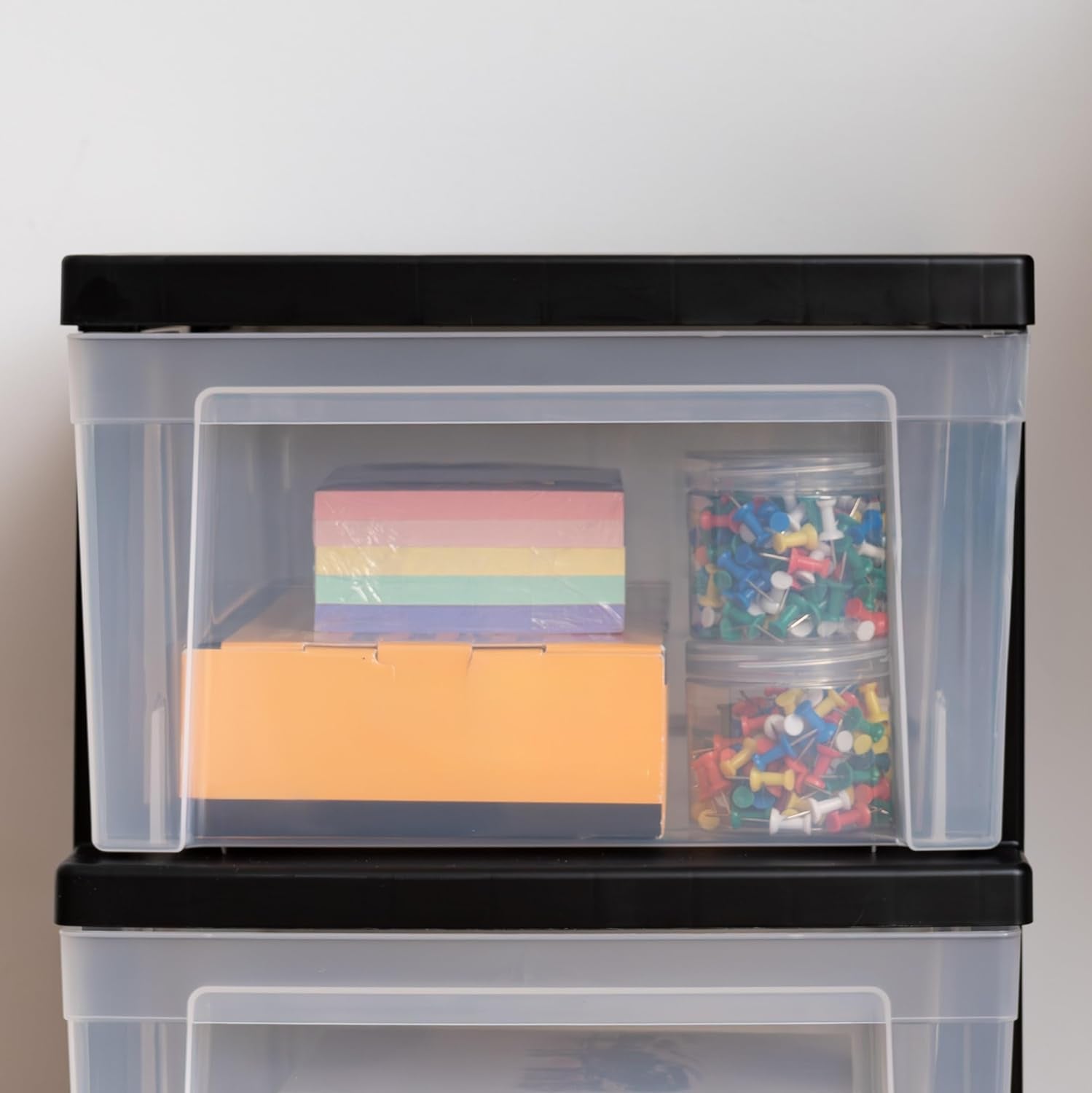 3-Drawer Plastic Storage Dresser, 2-Pack, Standing Organizer Storage Container Bin with Drawers for Clothes Crafts Classroom Bedroom Dorm, Black/Clear