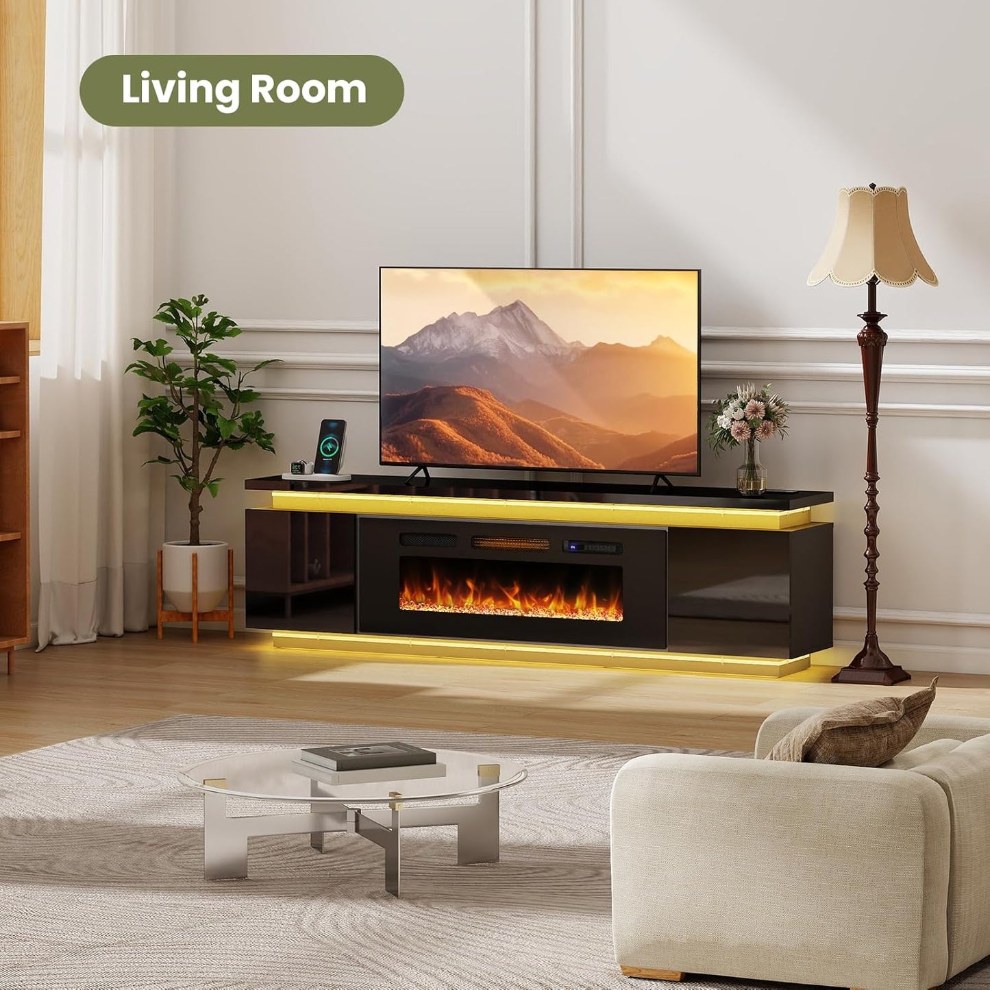 Fireplace Tv-Stand with 40" Fireplace - 2 LED Light Tv-Stand for 85 Inch Tvs - Entertainment Center with 4 AC Power Outlets - 2 Tier TV Consoles Stand for Living Room, Black