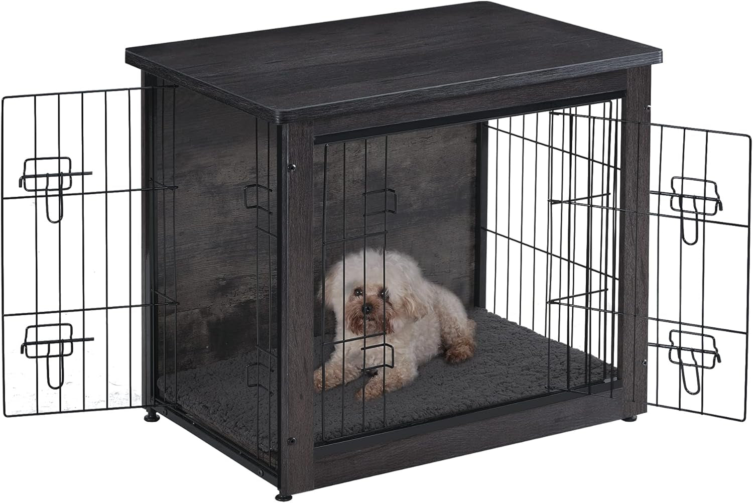 Dog Crate Furniture with Cushion, Wooden Kennel Table with Double Doors, Indoor Dog House, Small/Medium/Large Size, 27.2" L, Black+Rustic Brown