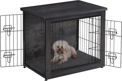 Dog Crate Furniture with Cushion, Wooden Kennel Table with Double Doors, Indoor Dog House, Medium Size, 32.5" L, Black+Gold