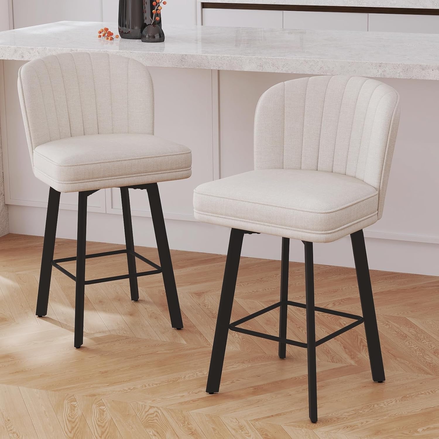 Swivel Counter Height Bar Stools Set of 2, 26'' Modern Barstools with Backs and Metal Legs, Upholstered Bar Chairs, Beige, Fabric Stools for Kitchen Island Chairs