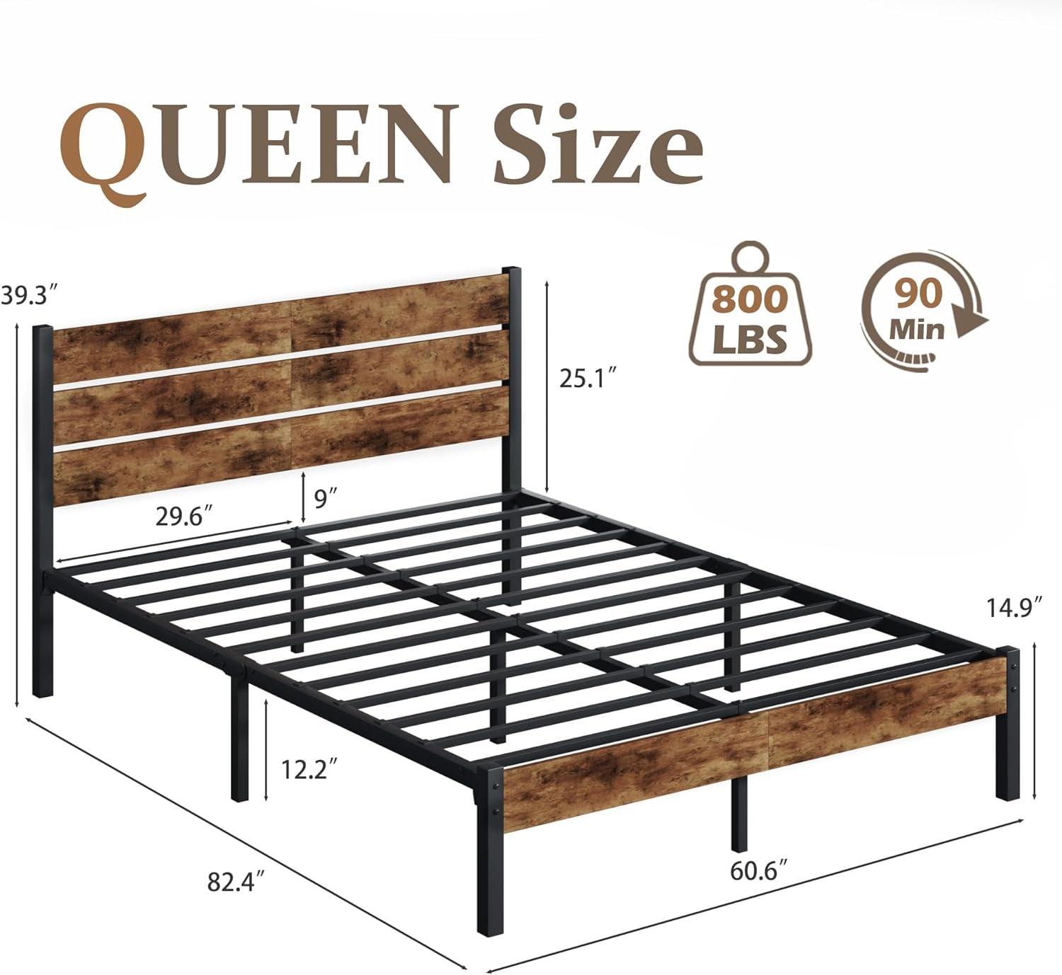 Queen Bed Frame with Headboard and Footboard, Metal Queen Bed Frame with Under-Bed Storage, All-Metal Support System, No Box Spring Needed, Easily Assemble, Rustic Brown