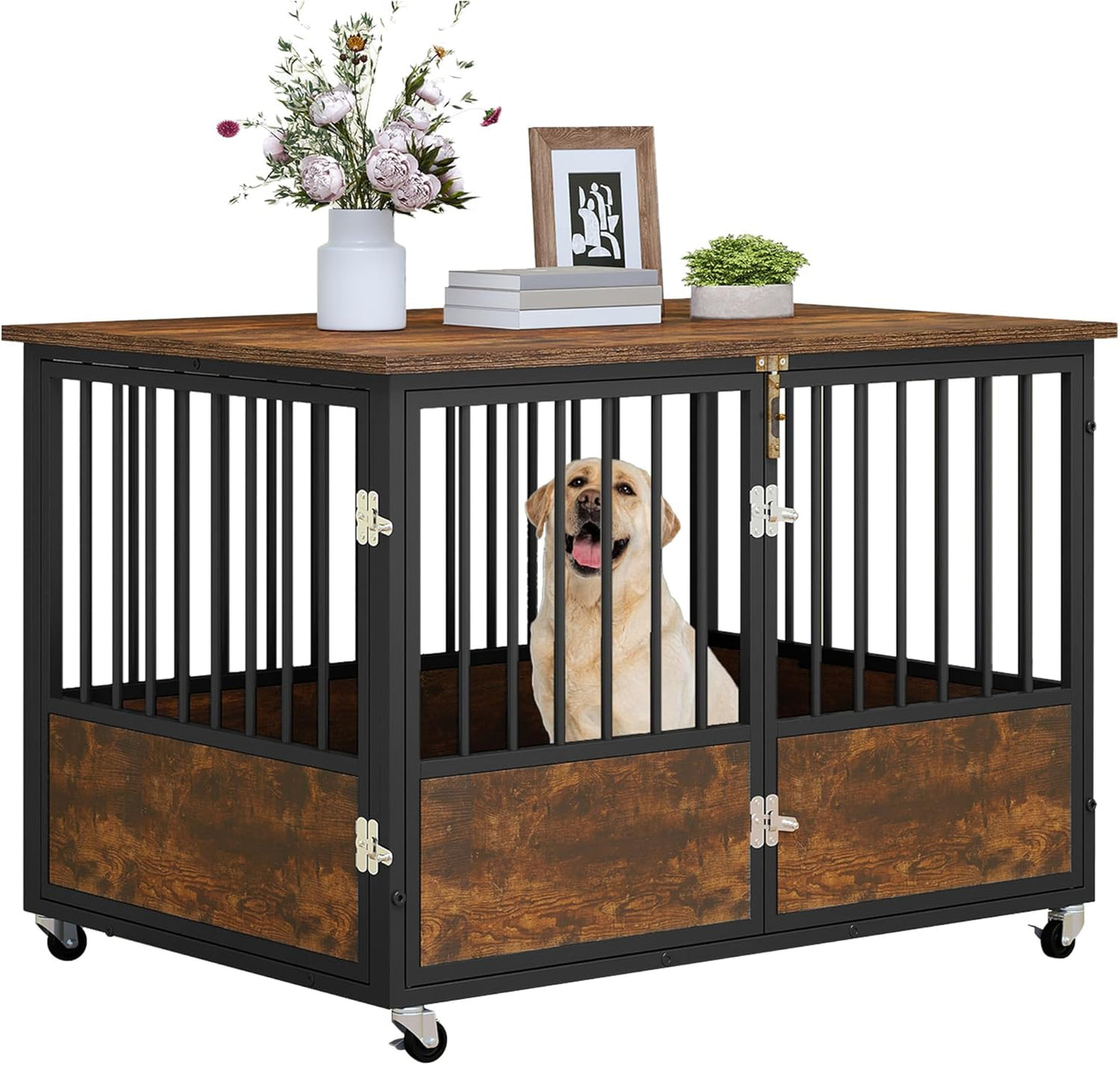 43" Dog Crate Furniture with Wheels, Wooden Side End Table, Double-Doors Dog Kennel Indoor for Small/Medium/Large Dogs, Escape Proof Dog House Dog Cage, Rustic Brown