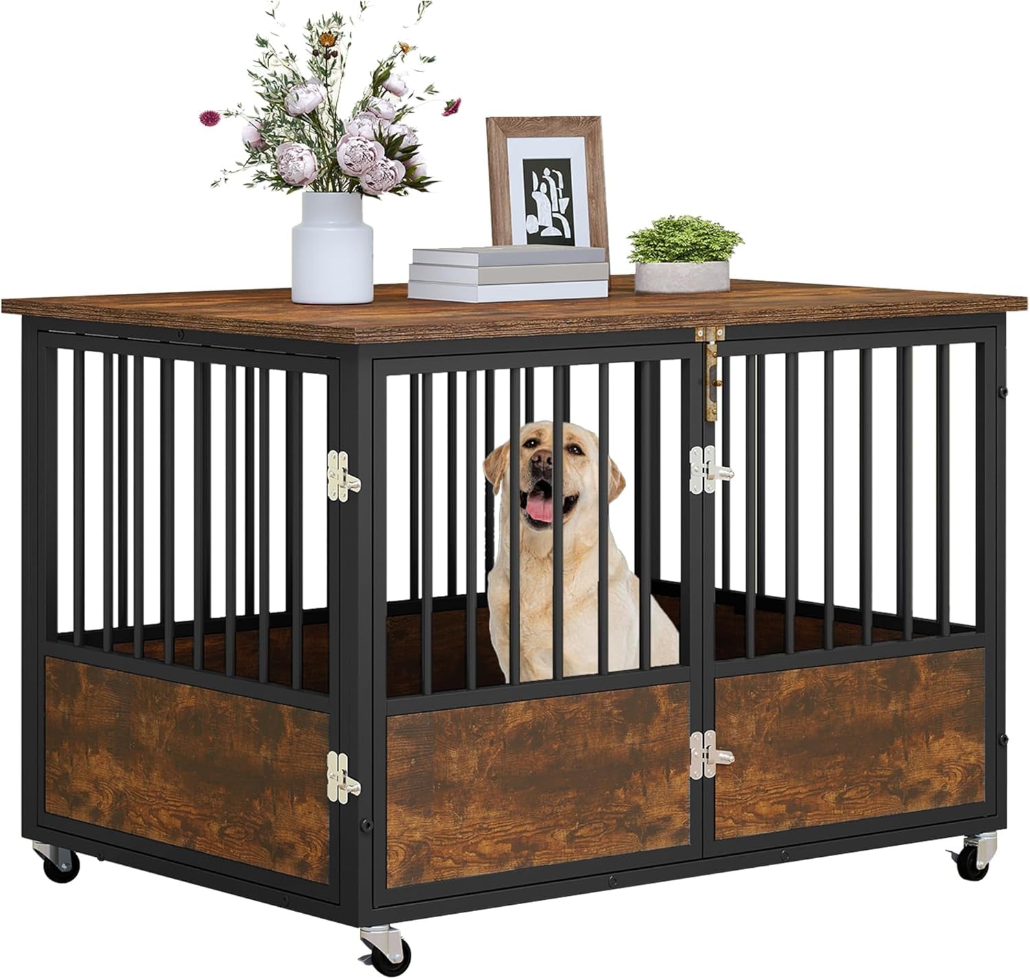 43" Dog Crate Furniture with Wheels, Wooden Side End Table, Double-Doors Dog Kennel Indoor for Small/Medium/Large Dogs, Escape Proof Dog House Dog Cage, Rustic Brown