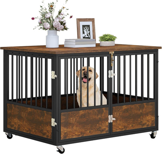 43" Dog Crate Furniture with Wheels, Wooden Side End Table, Double-Doors Dog Kennel Indoor for Small/Medium/Large Dogs, Escape Proof Dog House Dog Cage, Rustic Brown