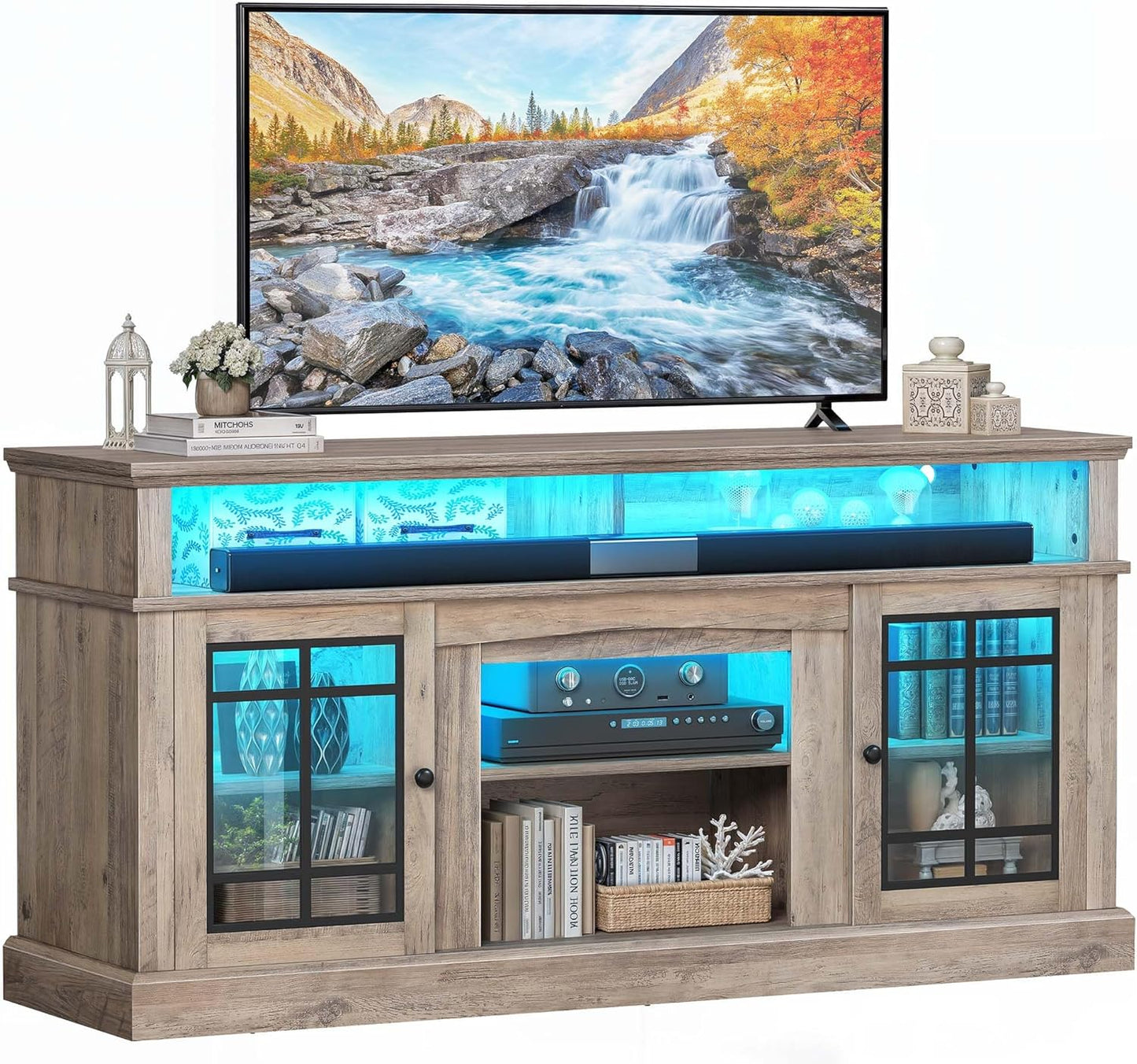 Modern TV Stand for 75 Inch TV, LED Entertainment Center with Adjustable Shelves and Glass Doors, 32'' Tall Television Stands TV Media Console Table for Living Room, Pine Grey